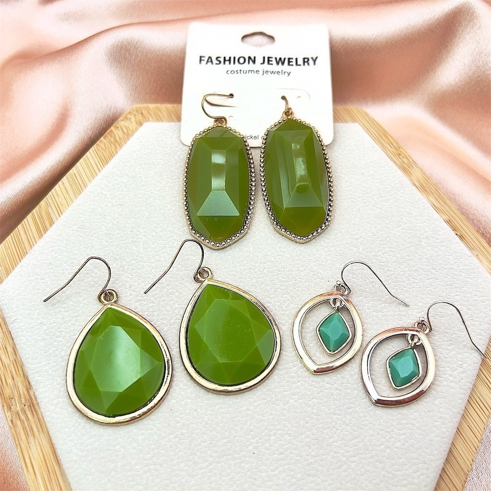 Vintage Estate Earrings Lot 3 Pairs Green Dangle Drop Pierced Gold Tone Boho